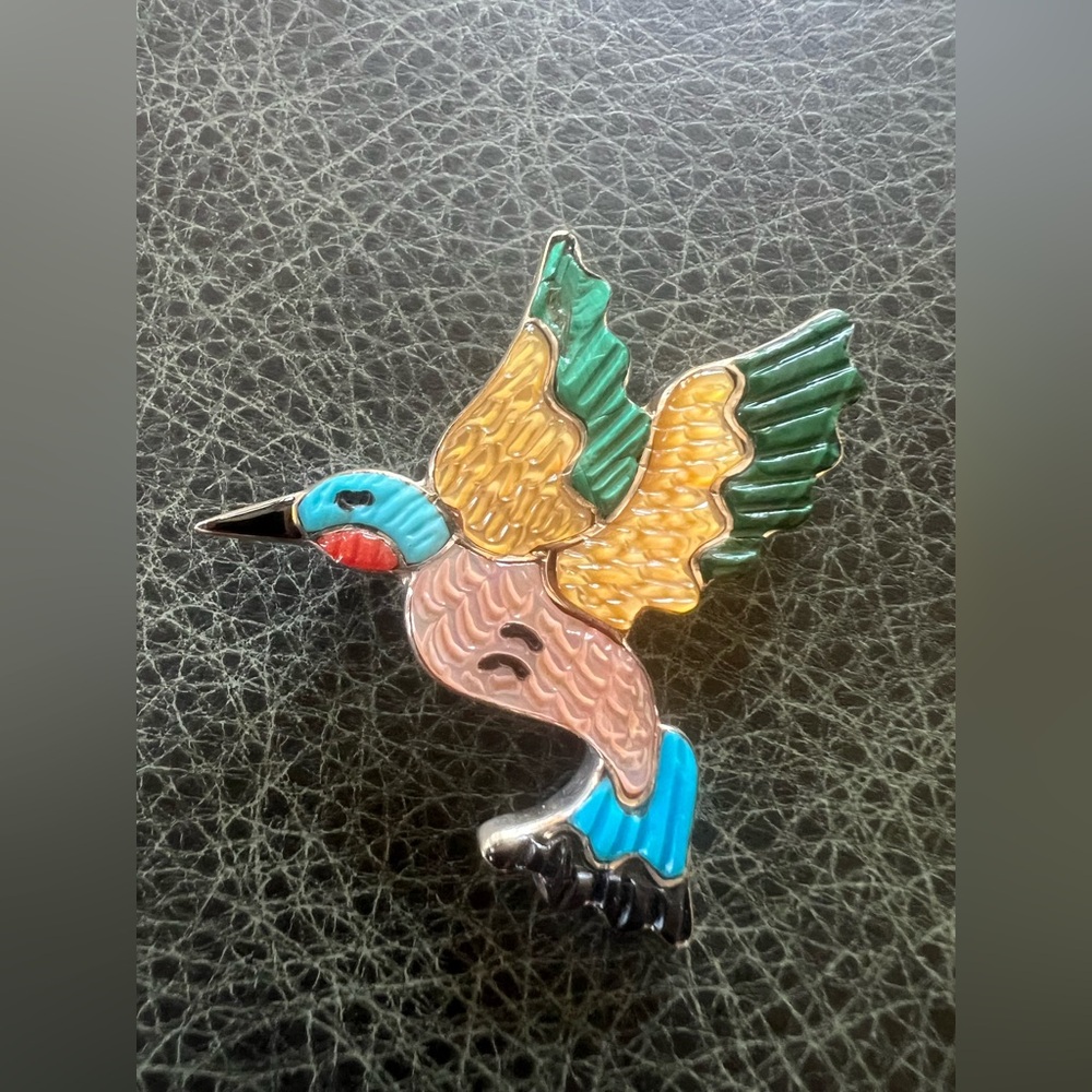 Native American Brooch Hummingbird Inlay Pin by Zuni Artist Tamara Pinto Signed - Picture 3 of 13